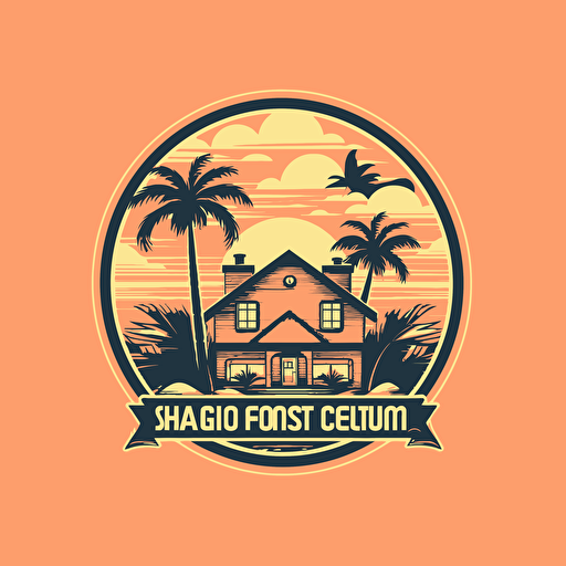 logo for house cleaning company with soft salmon background and modern house with palm trees on the side, vector logo, vector art, 2d