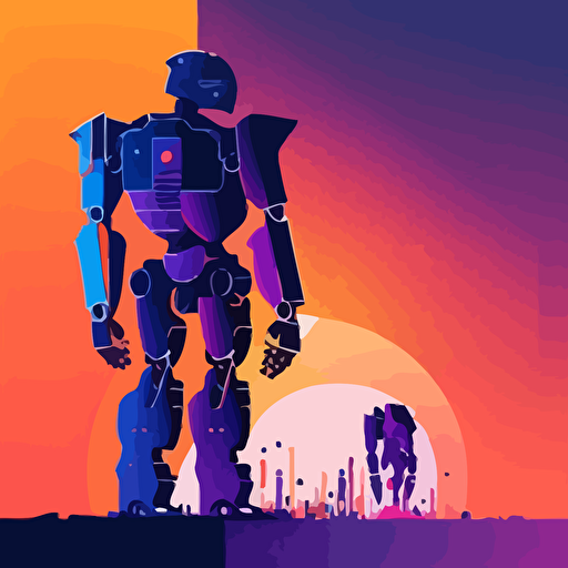 Artificial intelligence fights robots on the planet,flat vector， blue purple orange gradient， simple minimal， by Ivan Chermayeff