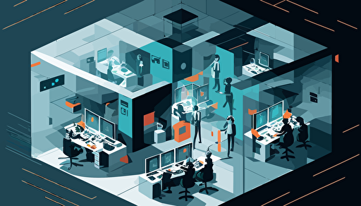 a stylised office space with workers wearing vr headsets linked to a hovering data cube, vector illustration,