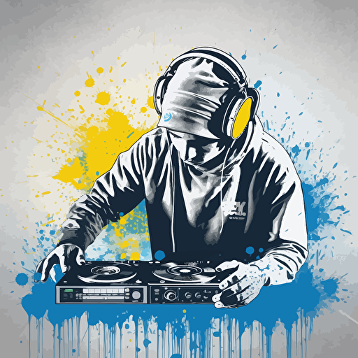 scratch dj with neon mask technics 1210s, urban graffiti style, banksy stencil, design, 2d, vector, white wall