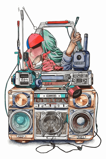 watercolor vector art, Boombox, inspired by Japanese color palettes, white background, depth, detailed