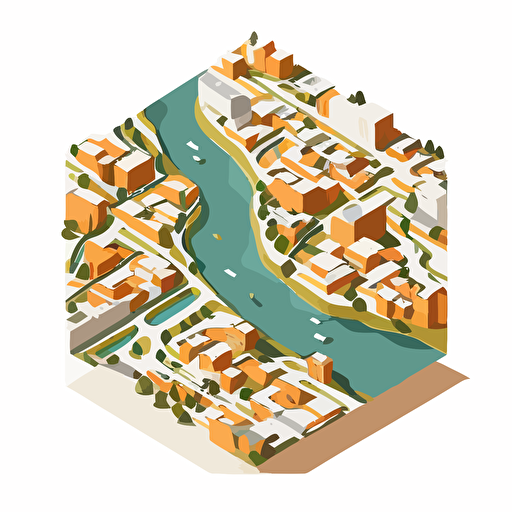 flat top-down view vector map of a city with a river in the middle , two colors, white backgrund