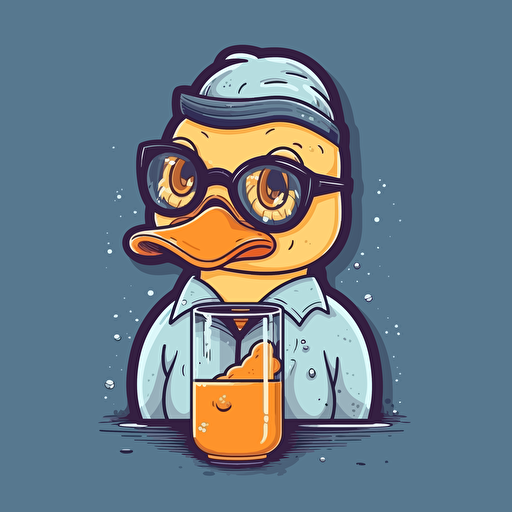 Adult Duck wearing glasses and drinking juice, vector illustration style, Minimalistic, illustration, Sticker style
