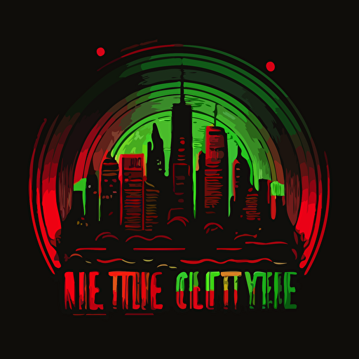 new york city skyline in a tribe called quest cover style, red and green on black background, vector illustrated, flat design