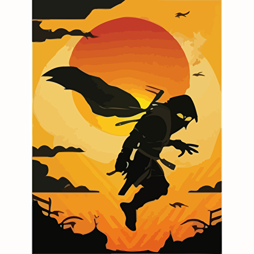 vector poster, ninja, flying sidekick, in front of large sun background v 5