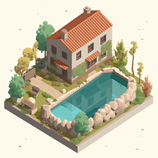 small humble spanish cottage, small pool, vector, isometric, hill, forrest