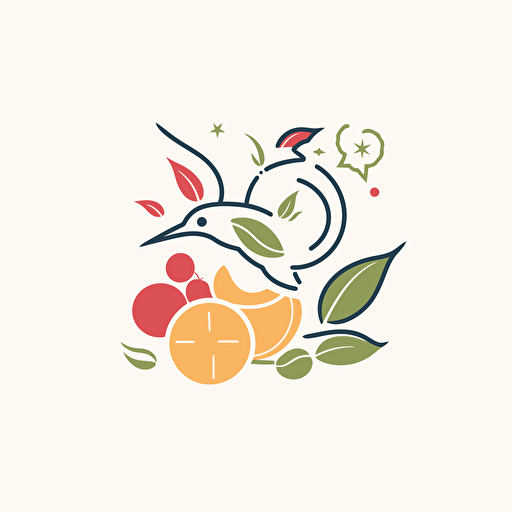create line logo, minimalist flat SVG vector, showing a hummingbird flying and surrounded by flowers, fruits and vegetables for organic holistic brand, minimalistic, memorable