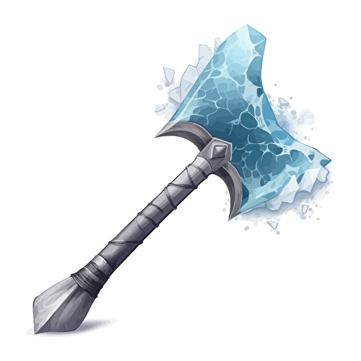 a magical medieval battle axe with blade of ice, vector, white bg