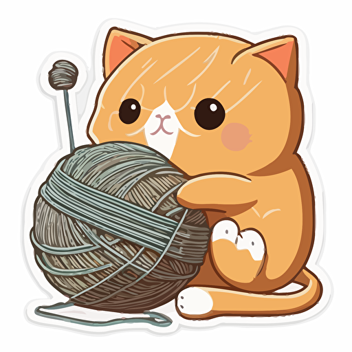 sticker anime style kitten playing with ball of yarn, vector art