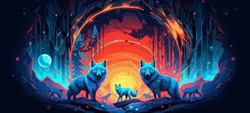 wolves in a forest, surrounded by a circle of forest motifs, 2d vector, neon colors, epic composition
