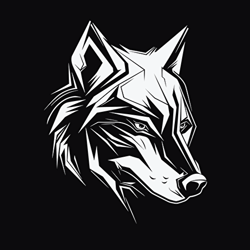 Wolf, Banksy style, black background, large closed shapes, fantasy roboter, white space to fill, abstract, artistic, pen outline, white background, very simple, full field of view, centre, minimalistic logo vector art , simple flat vector logo
