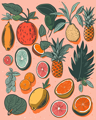 tropical fruits, retro aesthetics, vector image, sticker design, pantone color scheme: 12-1706 TCX, 12-0824 TCX, 15-0146 TCX, 15-1164 TCX, 16-6340 TCX, 17-4247 TCX, 18-2043 TCX, 19-6026 TCX. The final piece should exude a warm, holiday-like ambiance.