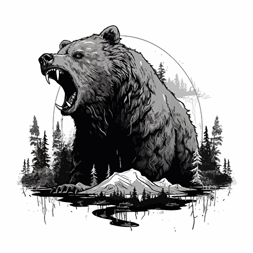 cartoon illustration, Grizzly bear eating a large chicken leg, black illustration on white, simple vector, black and white ::vector style