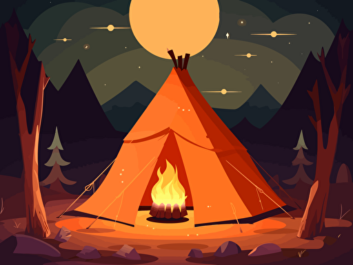Cartoon picture of campfire and tent at night, warm glow, vector, svg