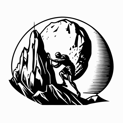 Retro, pictoral iconic logo of sisyphus pushing rock up a hill, black vector on white background