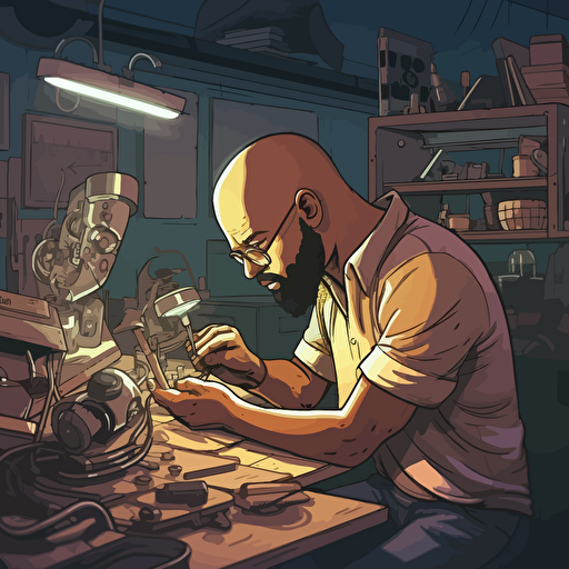 A bald Dominican man with a beard is building a futuristic robot in his workshop. vector art, moody lighting, high resolution