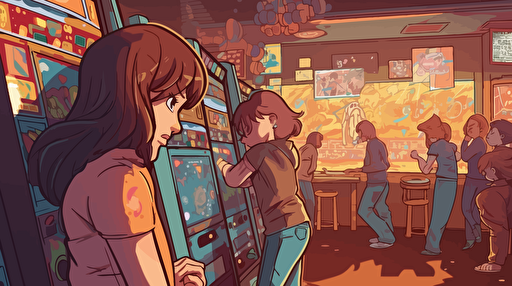 Cartoonish illustration of a mom completely absorbed in playing a mini Pac-Man arcade game, kids in the background trying to get her attention, vibrant colors, humorous scene, exaggerated expressions, Adobe Illustrator, vector art, fun and lighthearted atmosphere