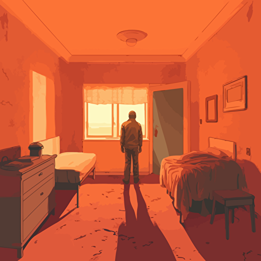 Illustration of a man standing in a decrepit old orange bedroom, facing camera, vector, 2d animation
