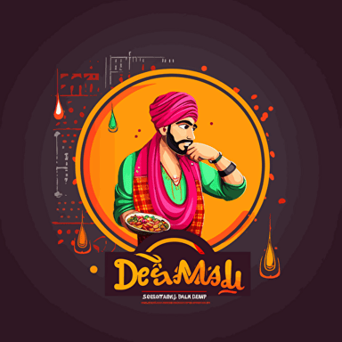 Design a logo with the name "Desi Dhamaal" for an indian street food brand depicting indian street food items, colorul, energetic logo, wordmark, Origial design, bollywood style font, vector