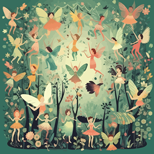 design of many fairies flying around an enchanted forest, cute, whimsical, for kids, in pastel hues, highly detailed, vector