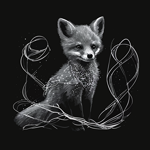 A vectorized image of a baby fox with streamers in black and white.