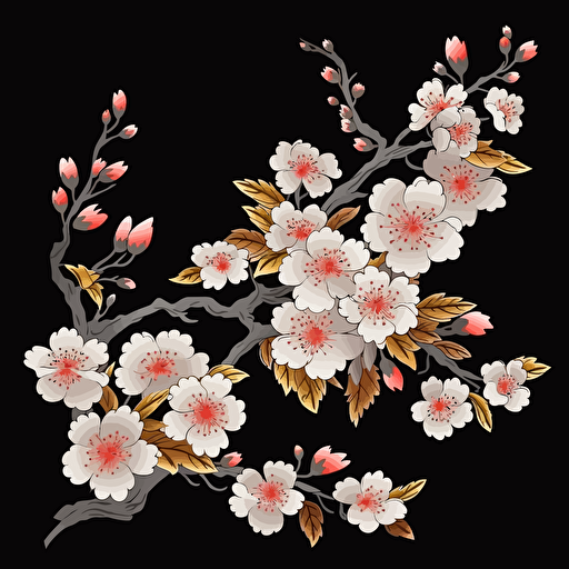 vector art, black backround, 2D, japanese blossom, one blossom