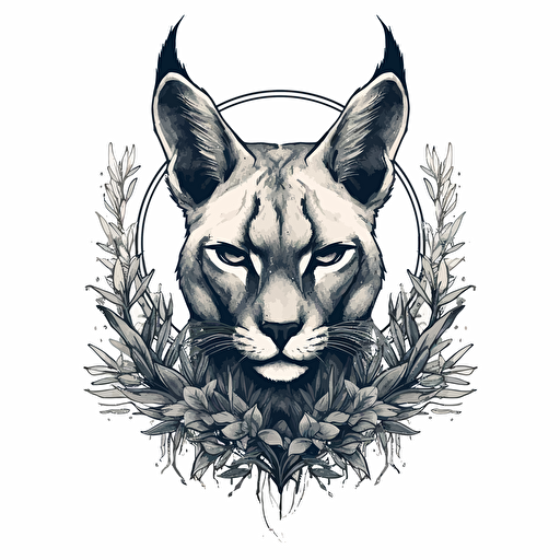 un vector d'un dessin de tatouage netroditionnel represantant un caracal avec de la vegetation autour. Image a plat avec lignes noir sur fond blanc