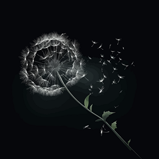 dandelion leaf flying, creative, 2d vector on black background