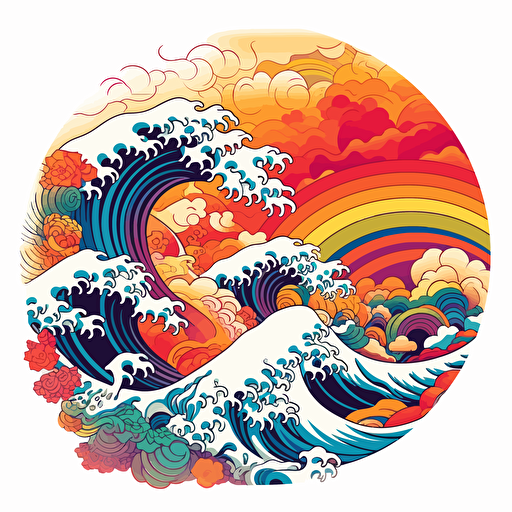 vibrant rainbow 2d vector art ukiyo-e logo, white background