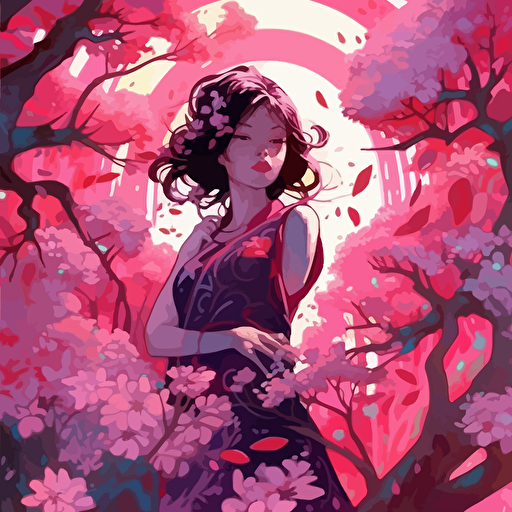 desinge, vector, deep pink, japanese style, cheery blossoms, fireflys, in the style of becky cloonan, john watkiss