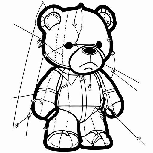 gangster teddy bear, scars, scar in face, tron pice of ear missing, vector, coloring page