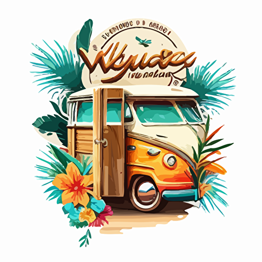 logo, white background, vector, wood doors station wagon, beach elements, flowers, sunny day, very colorfull, v5
