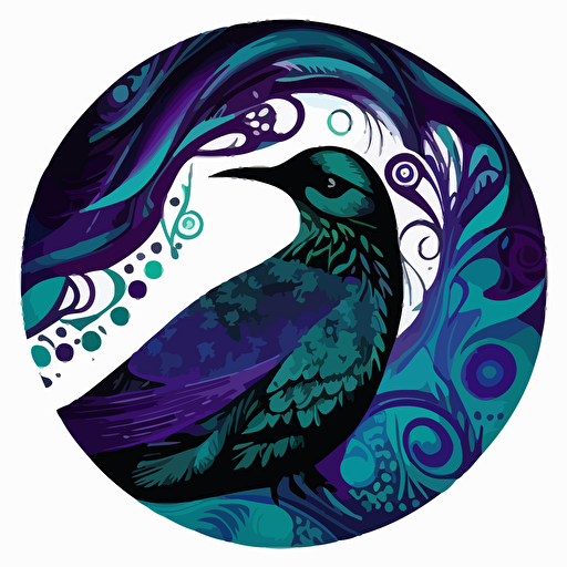 a petrel covered in aboriginal and Māori designs, in teal, purple and blues on a white background in a circle. Vector style.