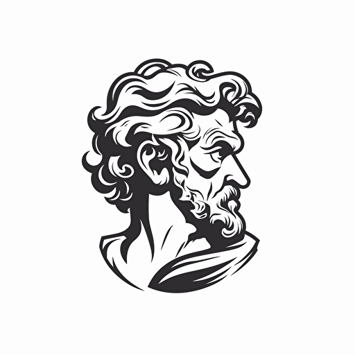 Seneca the younger illustration, minimal, outline strokes only, black and white, logo, vector, minimallistic, white background
