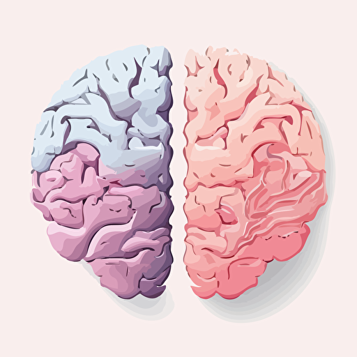 a brain in 2 halves, vector art, white background, pink grey, pastel colors, cartoon style, detailed,