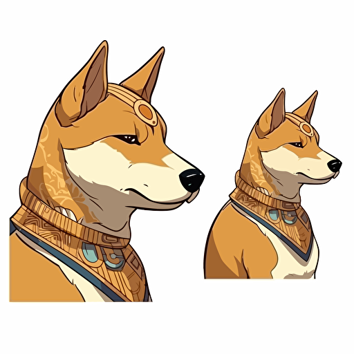 2/3 left side profile shot head and shoulder, cartoon 2d, Shiba Inu wearing pharaoh, cartoon anime, Vector illustration, white background
