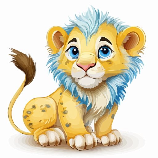 A gorgeous yellow and blue baby fur lion, smiling, white background, vector art , pixar style