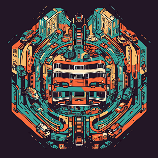 a rotationally symmetric design in a vector style using only 4 colours featuring a bus driving through a city, tightly bunched together in an exaggerated way