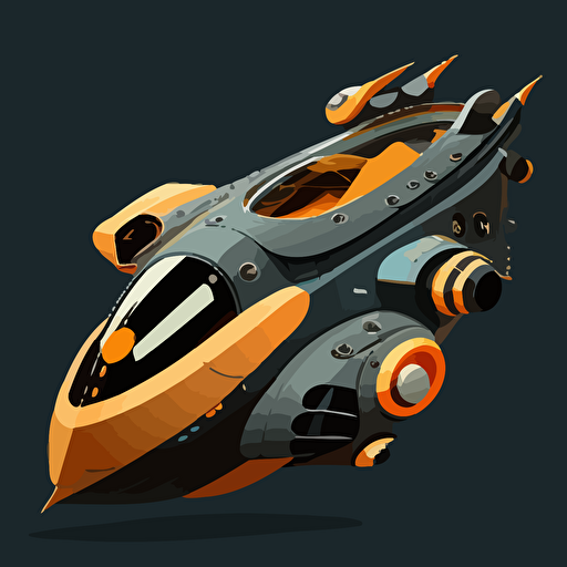 futuristic space ship, orange and grey, black background, minimalistic, vector