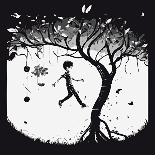 boy flying over tall and skinny tree, with branches that twisted and turned in every direction. Black and White vector illustration. Cheerful image with magical fruit around