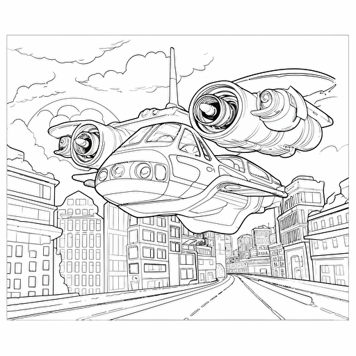 Futuristic City. Flying Cars. Cartoon. Coloring page. Vector. Simple.
