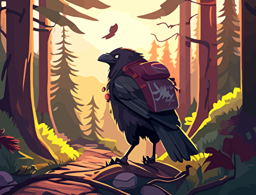 raven hiking along a forest trail. Backpack, forest, mountains, sunlight, happy. Cute, vector, game design.