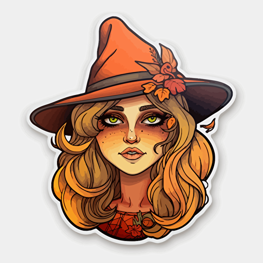 witchy, Sticker, Cute, Warm Colors, Photorealism, Contour, Vector, White Background, Detailed
