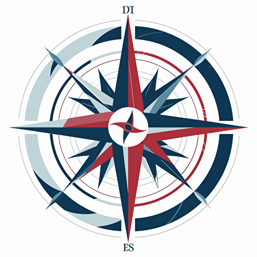Design of professional logo featuring a compass clipart a white background. Include curves as an additional design element. vector style. Stainless steel. Blue white and red