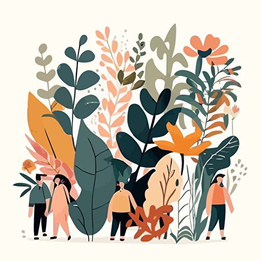 fun illustration of people surrounded by plants and flowers, vector style, minimal, white background
