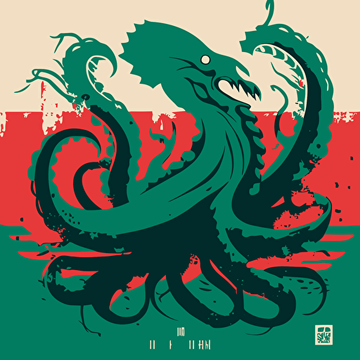 minimal vector russian propoganda poster of a kraken monster promotional poster, solid colors