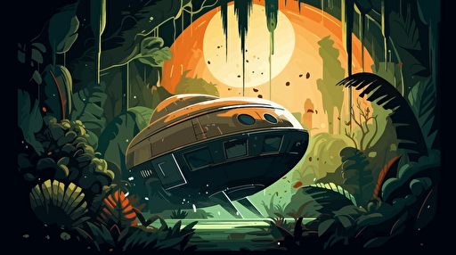a space ship crashing into a jungle planet, vector illustration