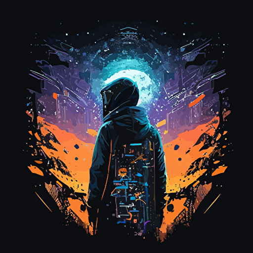 Drawing from the sci-fi genre, design a vector illustration of Satoshi Nakamoto as an interstellar traveler, exploring new planets and civilizations while spreading the word about cryptocurrencies and blockchain technology. Set the scene in a futuristic space setting.