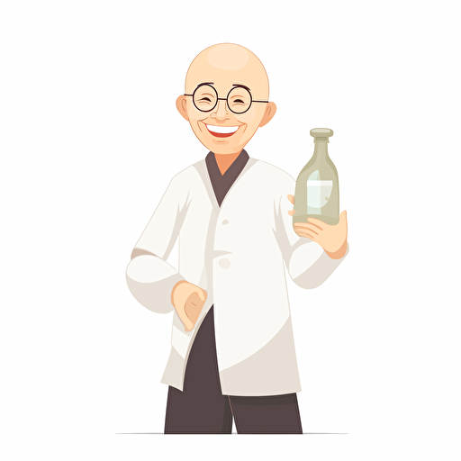 a chinese scientist holding a flask wearing lab gown bald no eye glasses smiling, happy face, 2d art, vector no glasses, no eye wear.