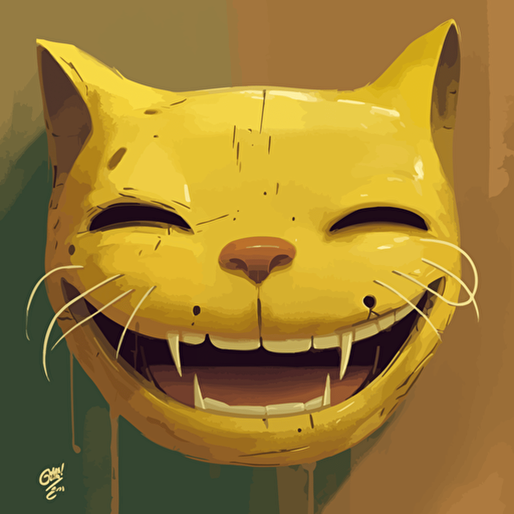 Creepy smile, yellow cartoon cat face, cartoon, painted, vector art, by simon stålenhag